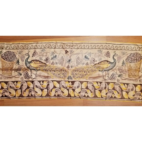Pure silk scarf rolled edges Peacock Design rectangle 64" x 13.25"       H1 - Picture 6 of 8